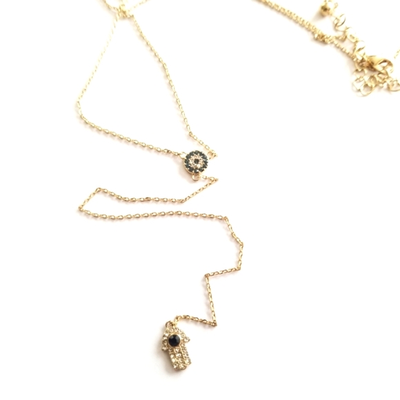 Evil eye hamsa hand Y necklace gold tone fine chain adjustable dainty - Picture 1 of 15